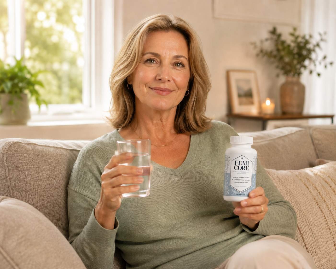 woman holding femicore supplement and a glass of water