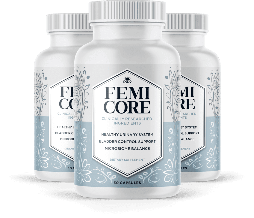 FemiCore bladder support supplement, 3 bottles with formula ingredients